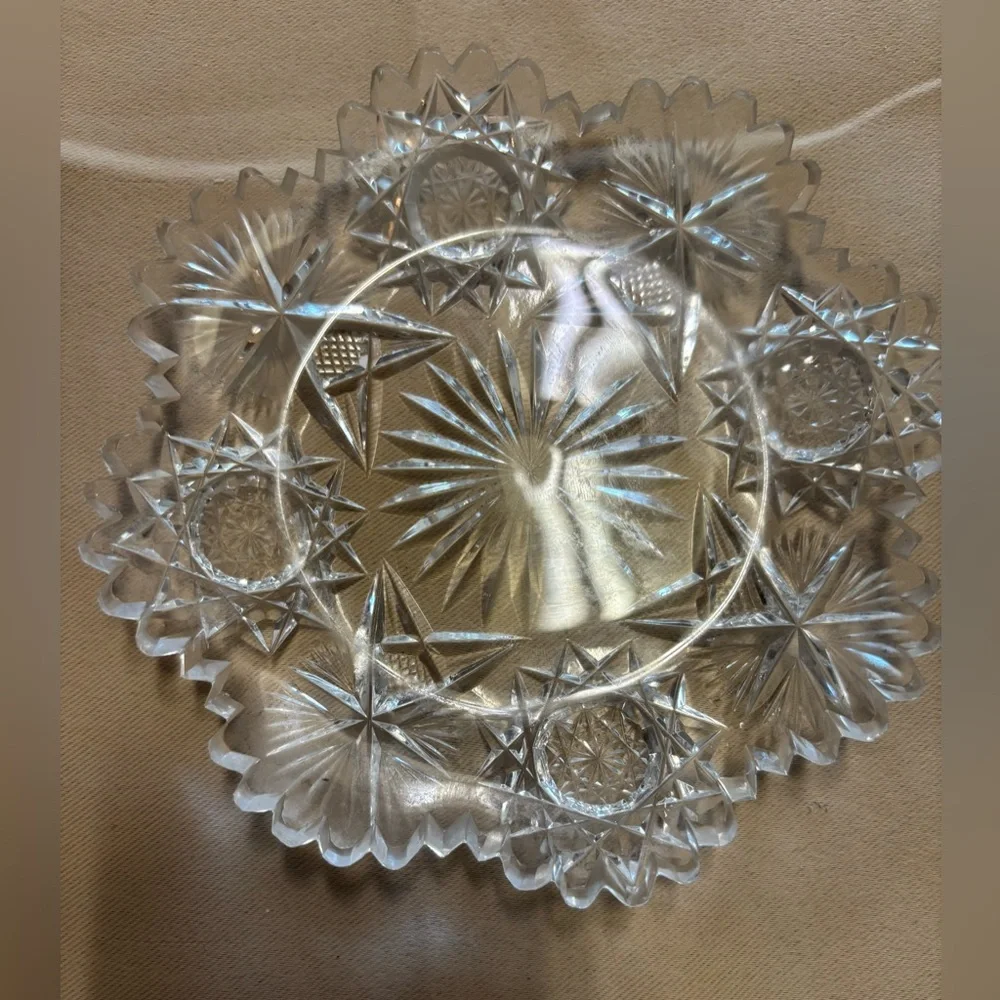 Antique American Brilliant Glass 6” Crystal Dish Bowl Sawtooth Scalloped Star‎